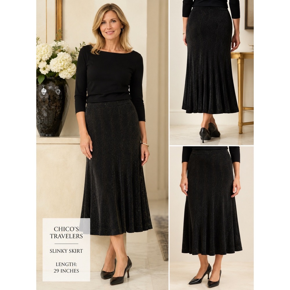 Chicos Travelers Black Pull On Slinky Knit Midi Skirt Size L Shimmer Gold Dressy